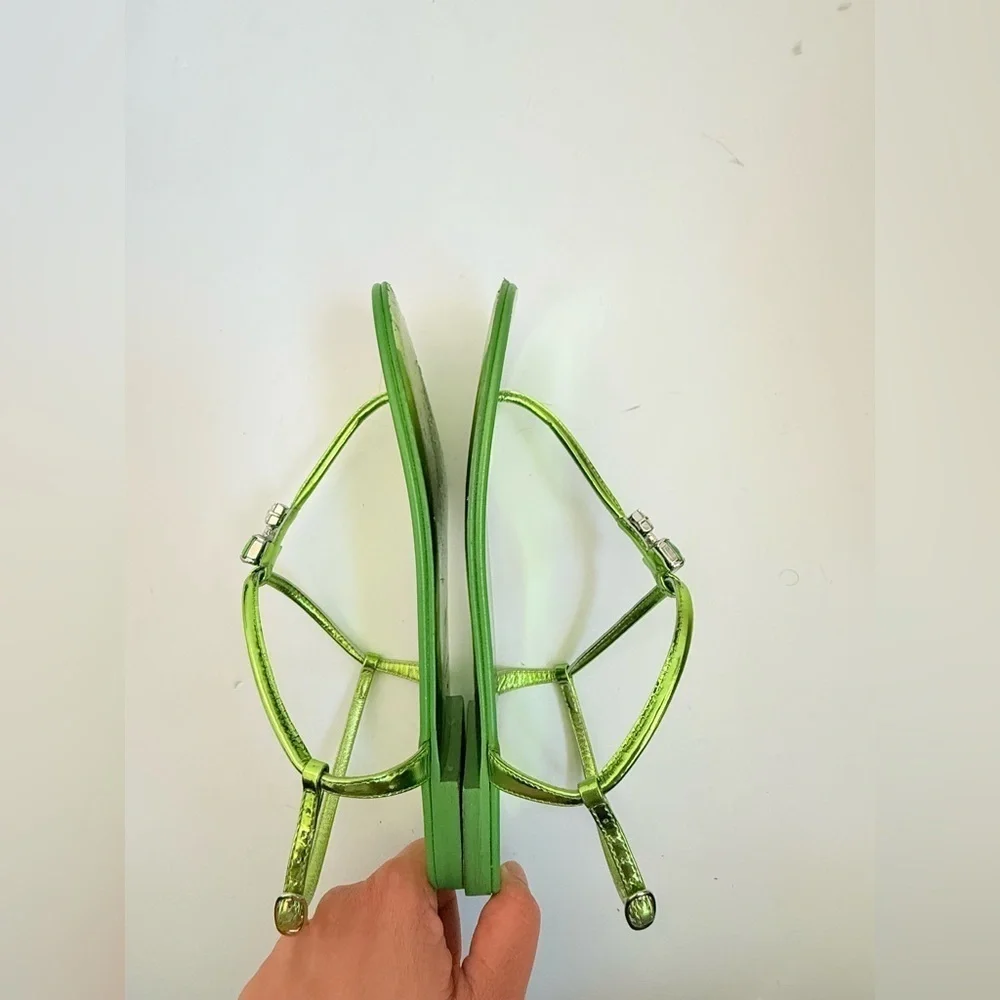 Giuseppe Zannoti Asparagus Green Metallic Leather Alphonsine thong sandals EU 38